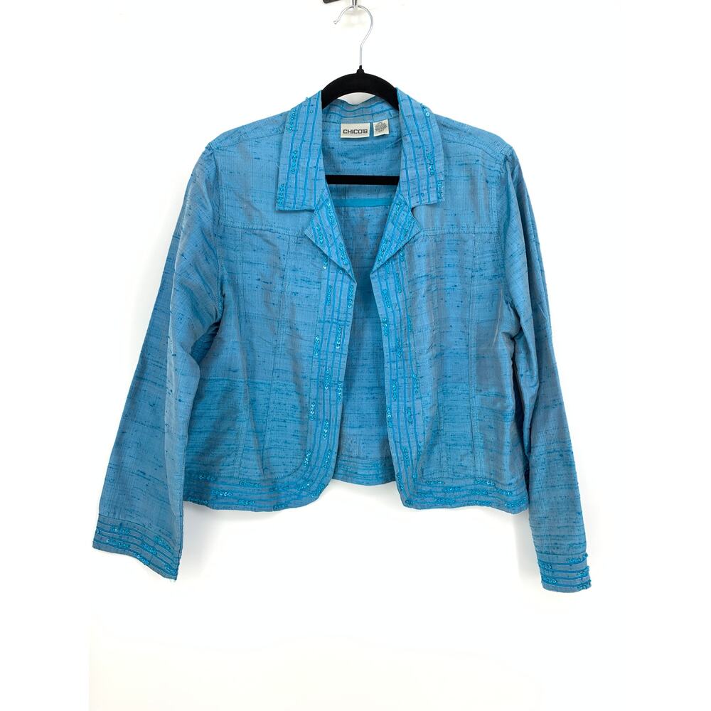 Chicos Raw Silk Jacket Womens 2 US Large Blue Embellished Open Front